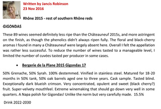 Jancis Robinson - Bergerie de la Plane Gigondas 2015